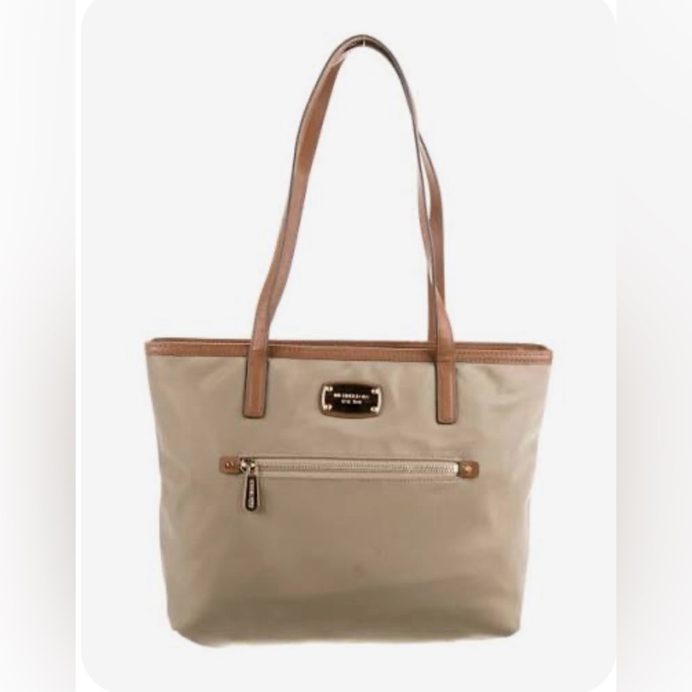 Michael Kors Montauk Classic Beige Nylon Tote Bag with Brown Leather Trim